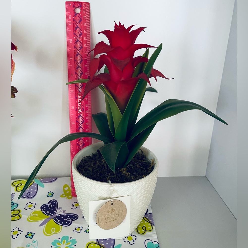Red Faux Bromeliad in White Pot - Picture 3 of 6